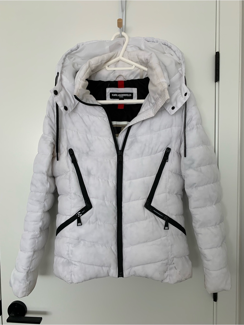 Karl Lagerfeld White Quilted Hooded Puffer with Black Zipper Accents